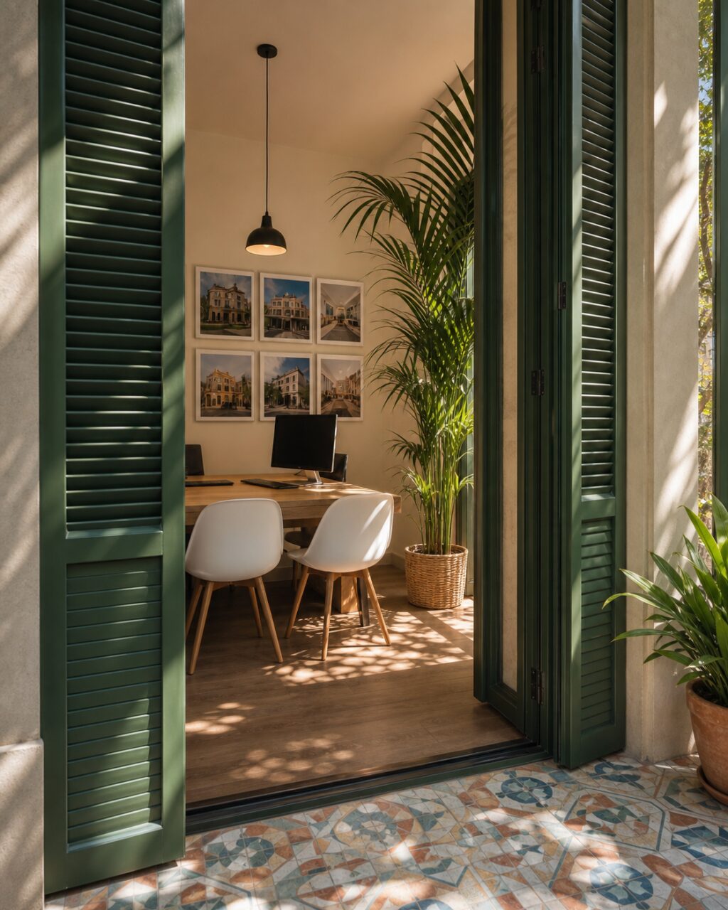 Licht interieur van een makelaarskantoor in Barcelona achter groene luiken