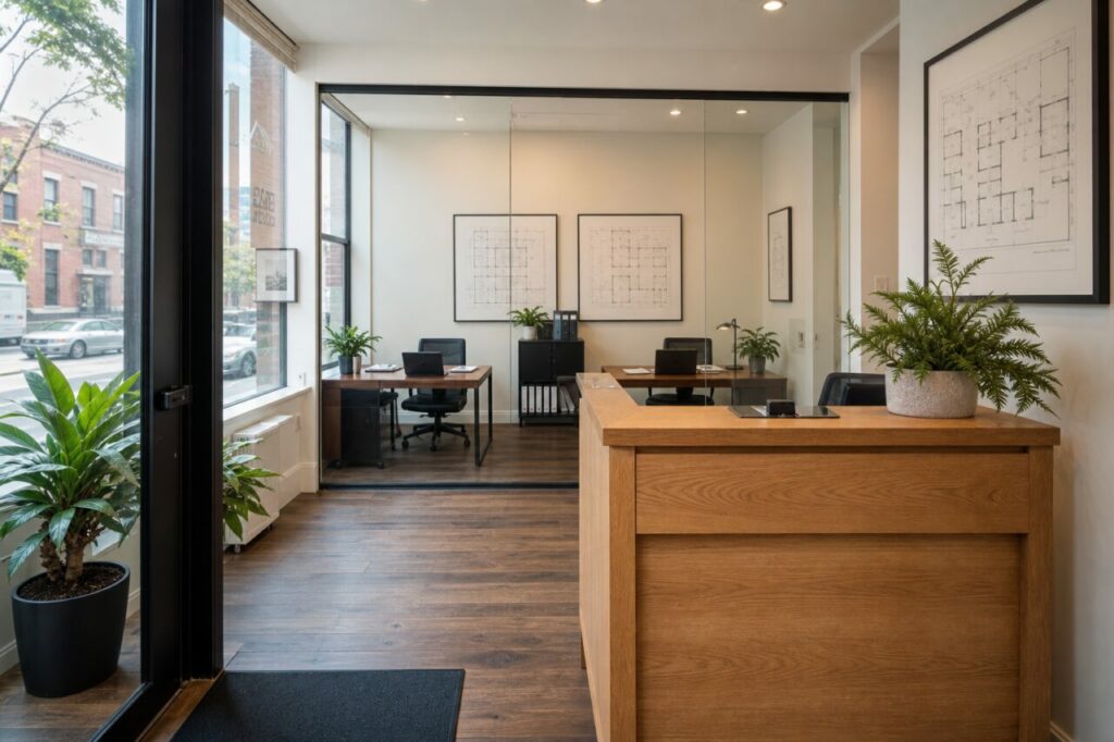 Intérieur d’agence immobilière à Chicago avec plans d’architecte