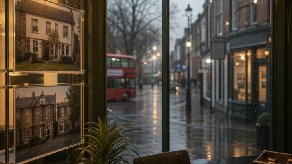 Vitrine d’agence immobilière londonienne vue depuis l’intérieur