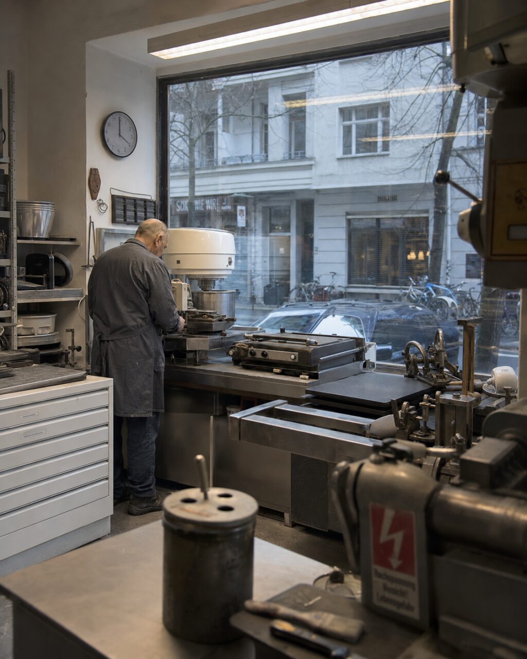 Interno di un laboratorio per macchinari da panetteria con tecnico vicino alla finestra di Berlino