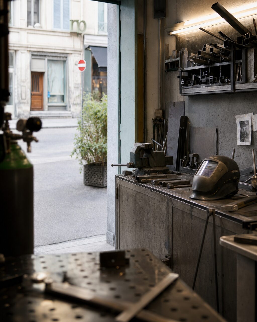 Interior view of a Zurich metal workshop with a welding helmet and the street outside