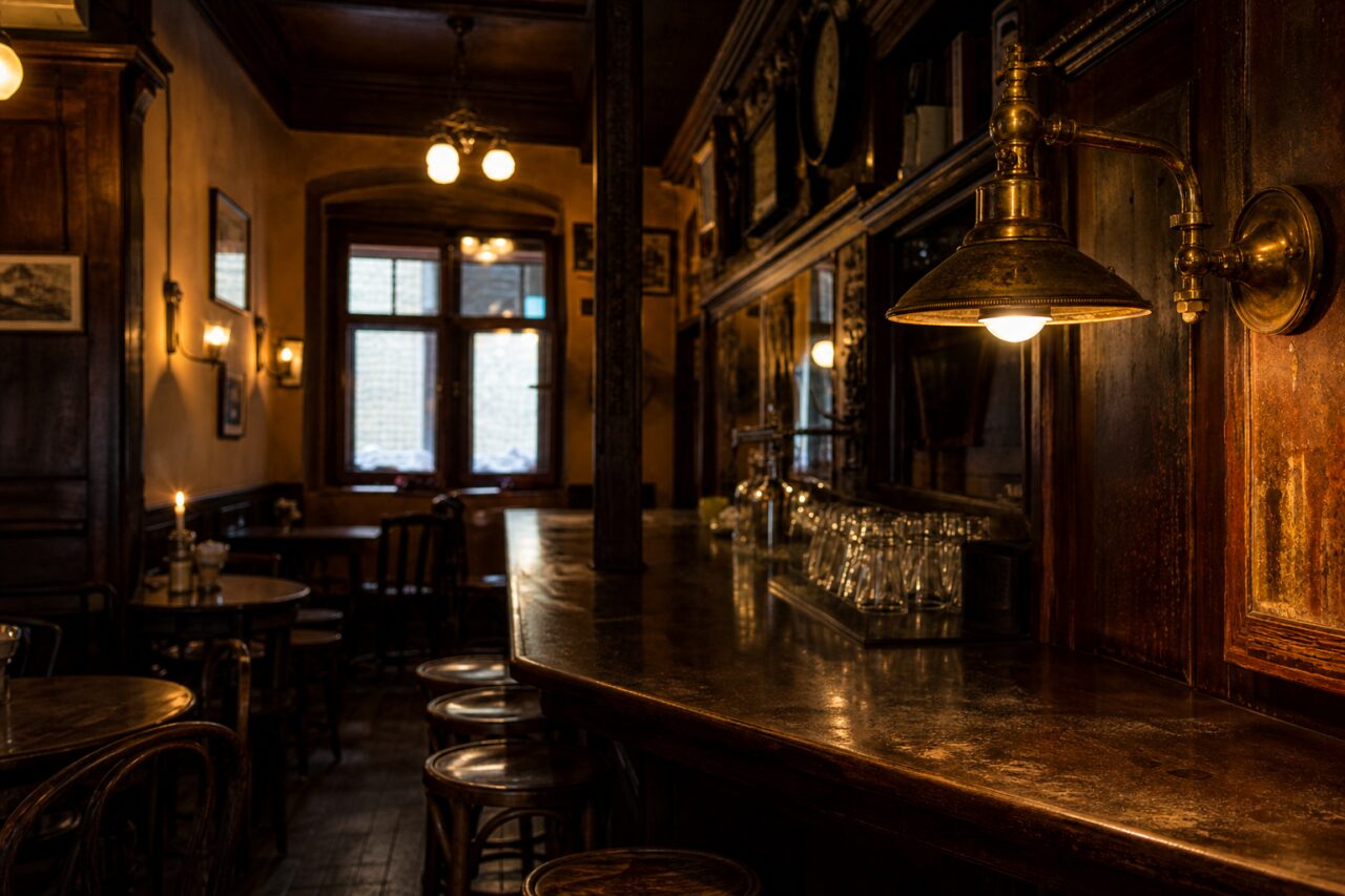 Intérieur boisé avec long comptoir et applique lumineuse