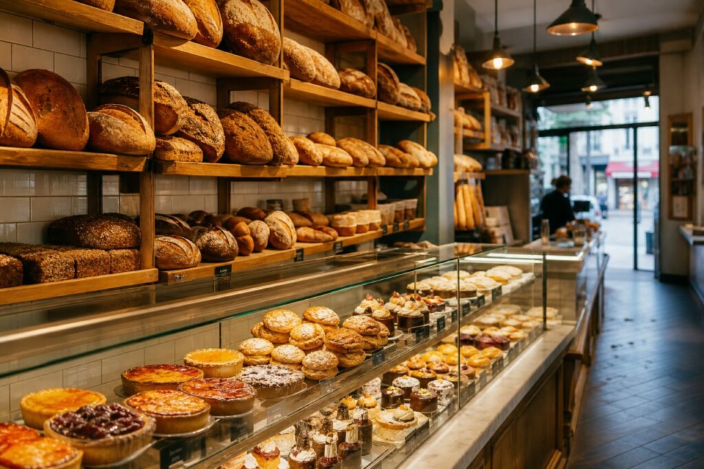 Wall of bread shelves beside a long pastry display case
