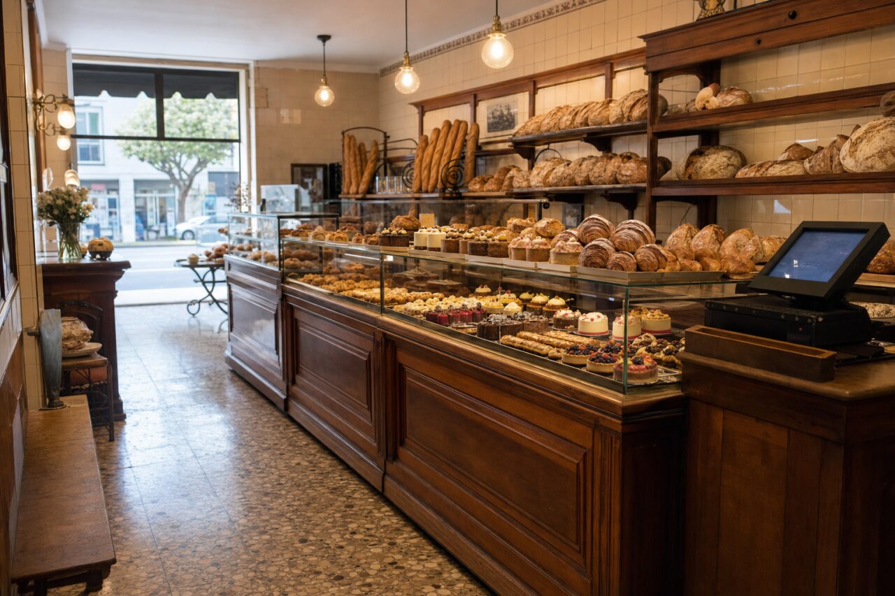 Long comptoir de boulangerie en bois garni de pains, viennoiseries et gâteaux