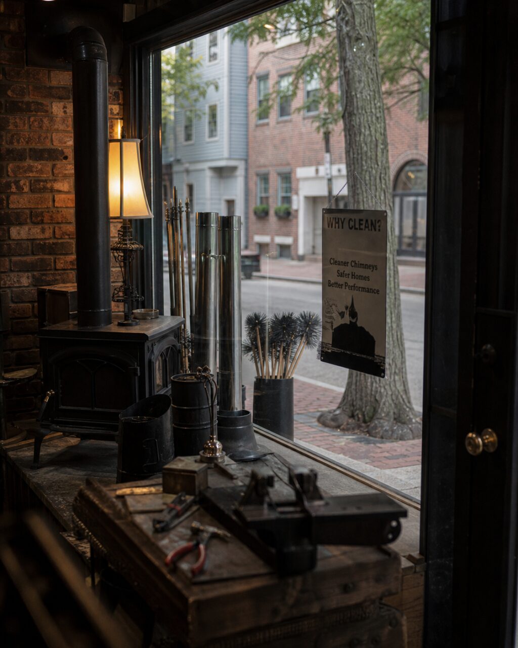 Interior de una tienda de estufas con tubo, cepillos y cartel «WHY CLEAN?» en Boston