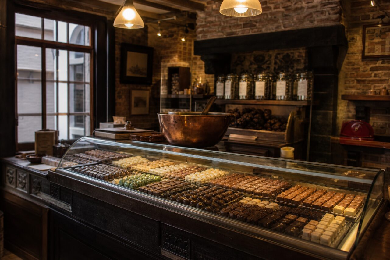 Interior acolhedor de chocolataria com grande vitrine e paredes de tijolo