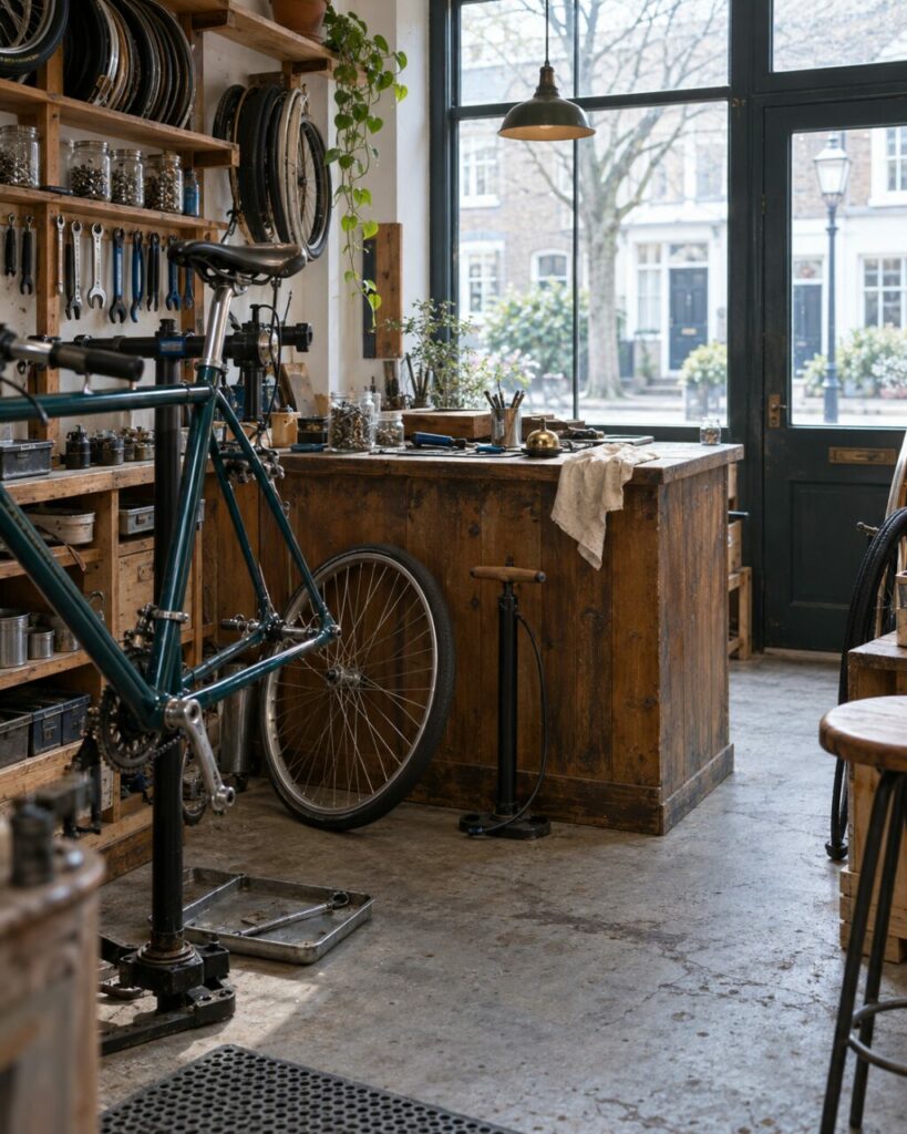 Intérieur d’un atelier de réparation de vélos avec roue avant, pompe et étagères en bois
