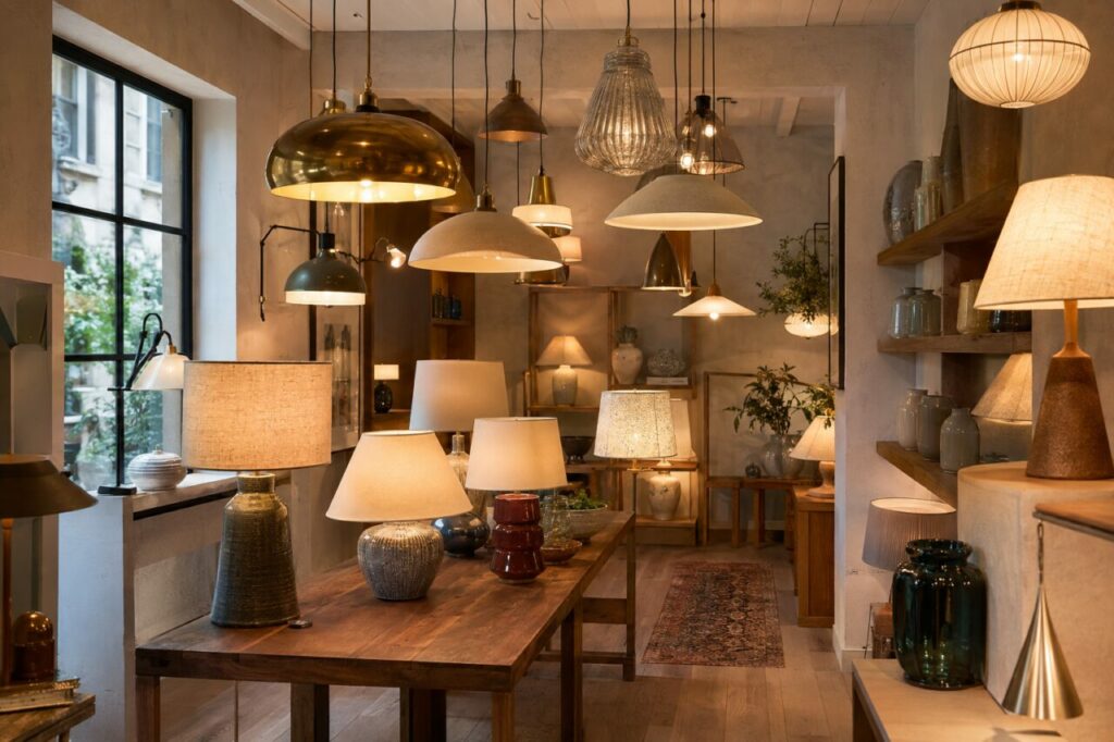 Intérieur de boutique de luminaires avec suspensions et tables en bois