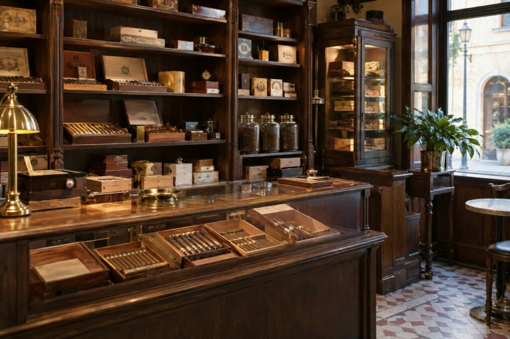 Intérieur de bureau de tabac ancien avec comptoir en noyer et boîtes en bois