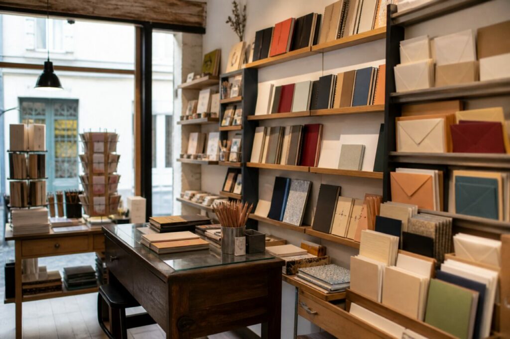 Intérieur de papeterie avec étagères de cahiers, enveloppes et cartes