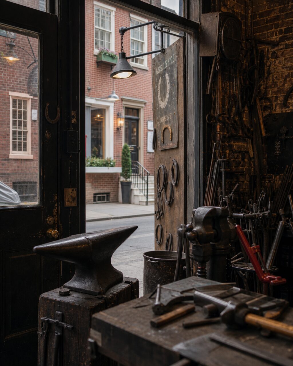 Interieur van een smederij met zicht op straat, aambeeld en gereedschap in Philadelphia