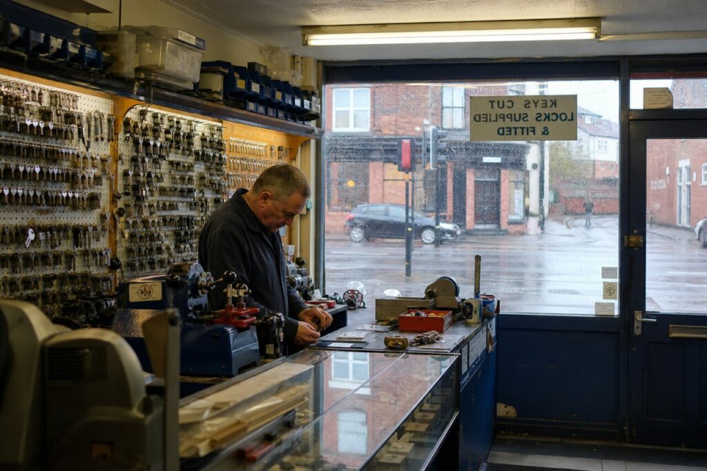 Intérieur d’une serrurerie de quartier avec comptoir et mur de clés à Manchester