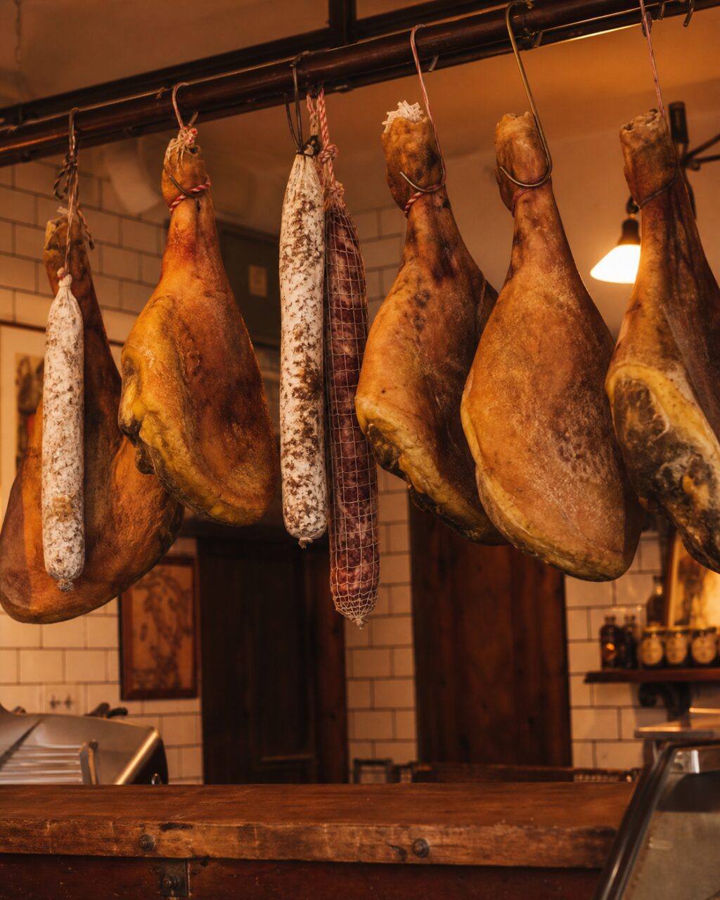 Gereifte Schinken im Feinkostladen