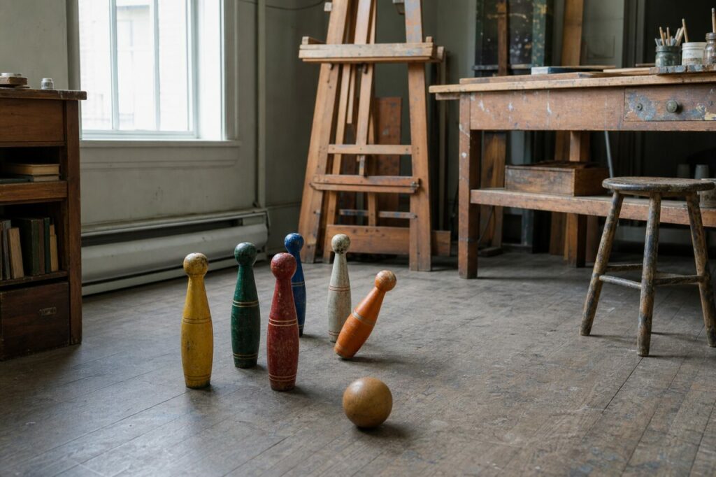 Jeu de quilles en bois dans un vaste atelier d'artiste