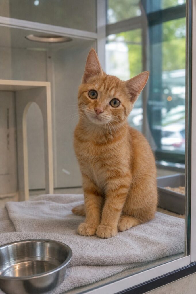 Jeune chat assis dans un espace d’accueil