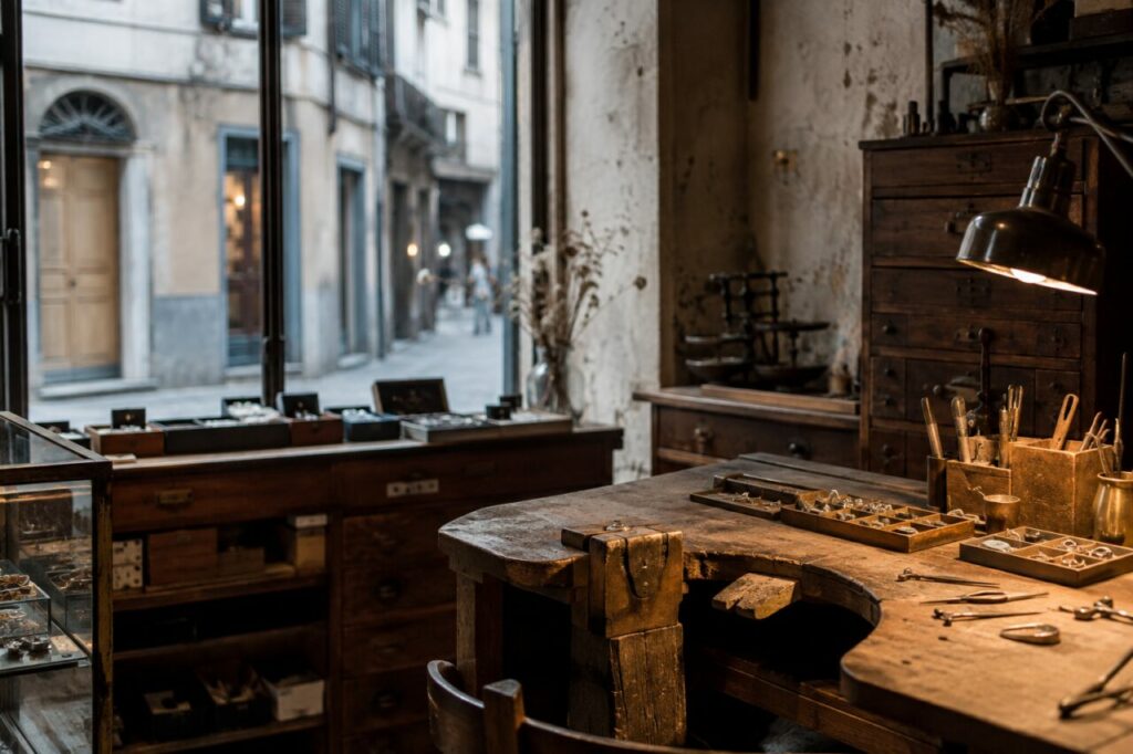 Atelier de joaillerie, tiroirs en noyer