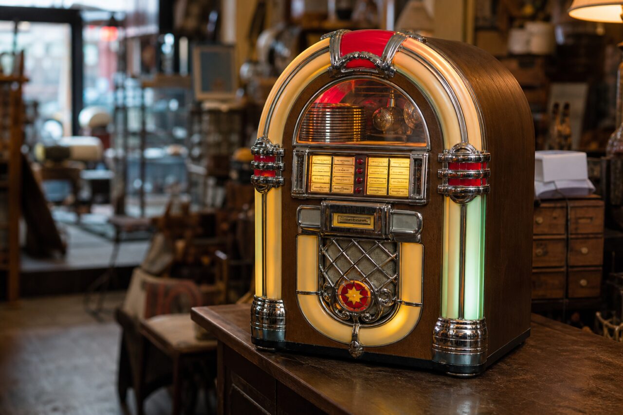 Verlichte vintagejukebox van hout en chroom in een antiekwinkel
