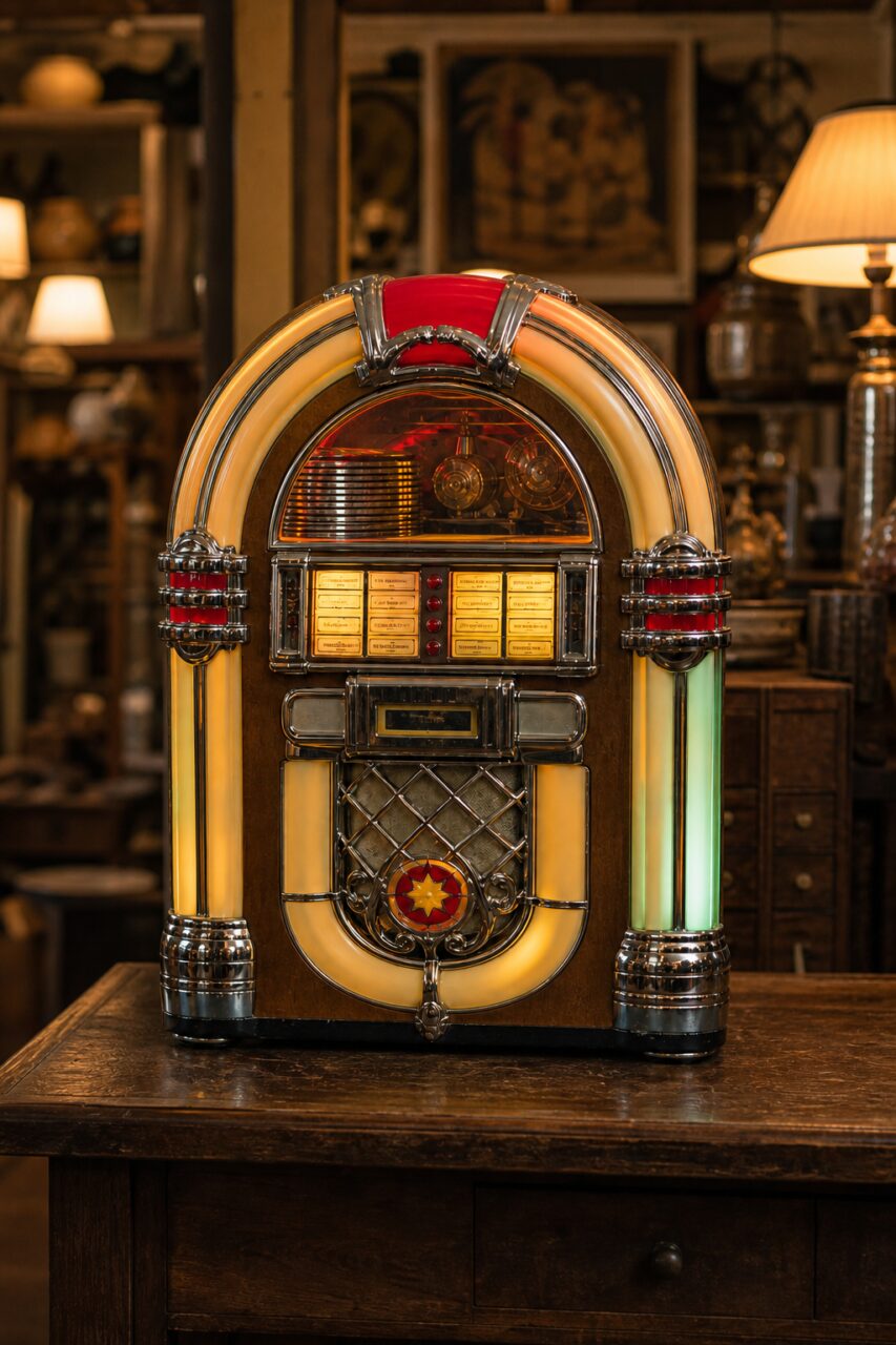 Jukebox vintage vertical de frente con luces rojas y crema