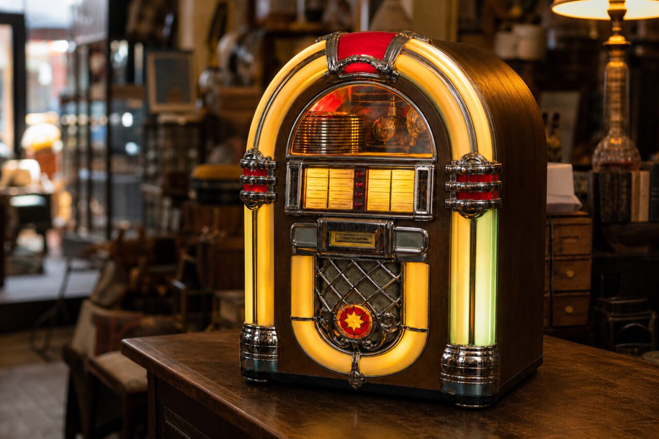 Van opzij verlichte vintagejukebox met rode voorkant en chroom