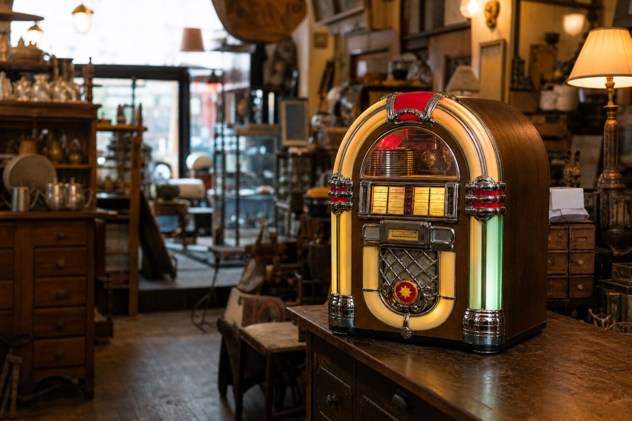 Vintagejukebox in een ruim beeld van de antiekwinkel
