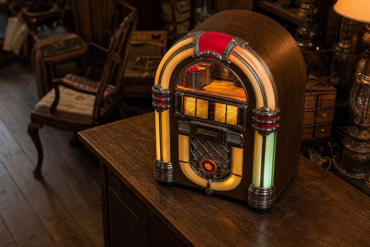 Jukebox vintage visto ligeiramente de cima sobre um balcão antigo