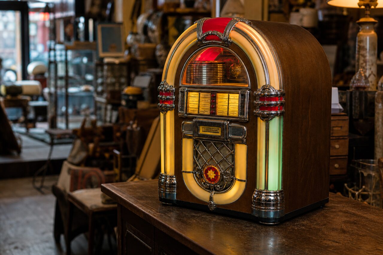 Three-quarter left view of a vintage jukebox on a wooden cabinet