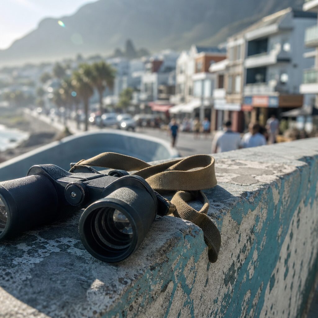 Binoculars and strap loop in a square composition