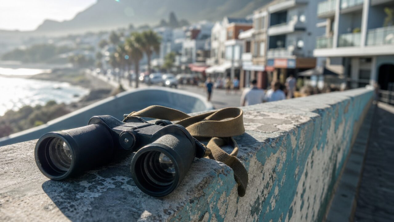 Binoculars in the foreground of a long panoramic frame
