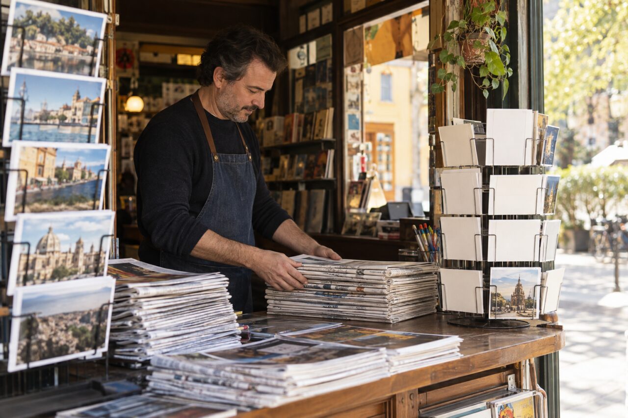Kiosque de quartier indépendant — arranging folded newspapers and postcards