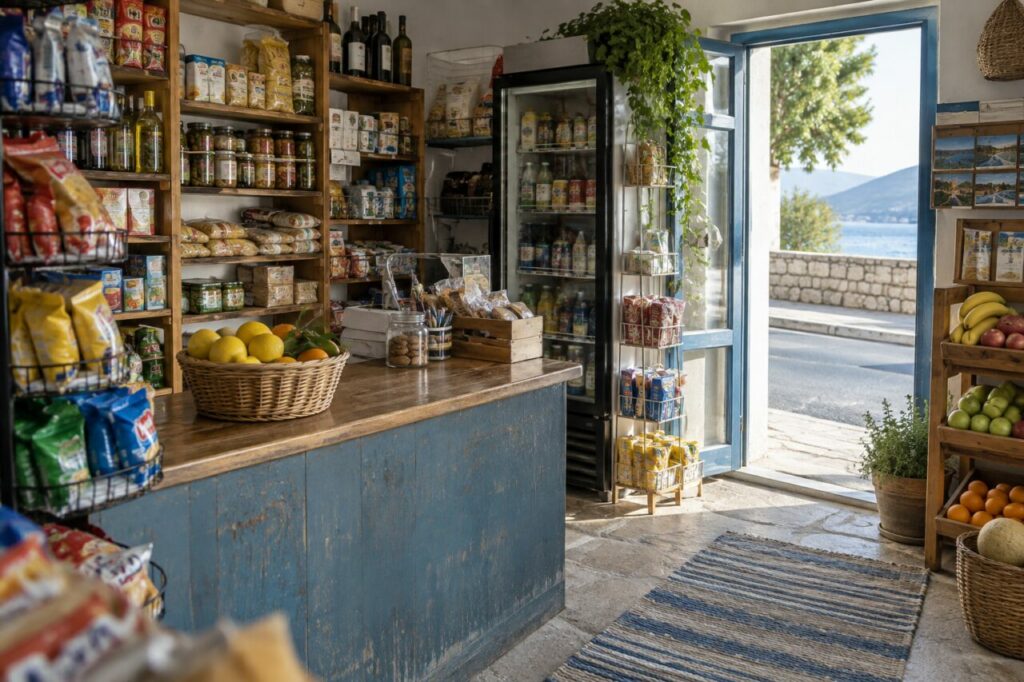 Quiosque de bairro independente — inside a tidy independent neighbourhood kiosk