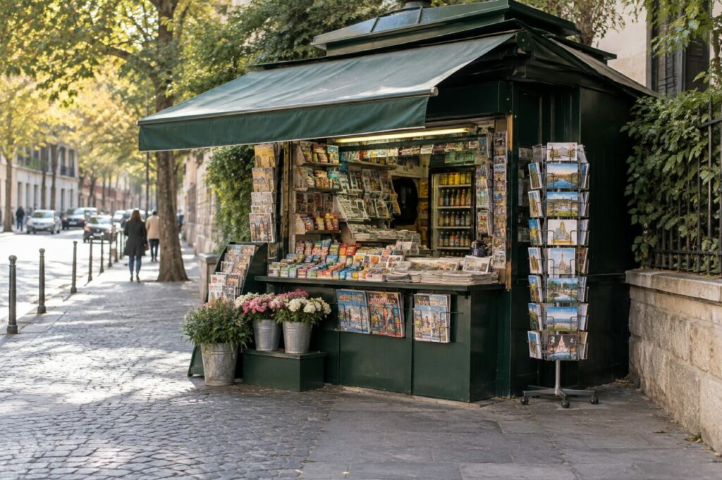 Independent neighbourhood kiosk — showing a small awning and display rack