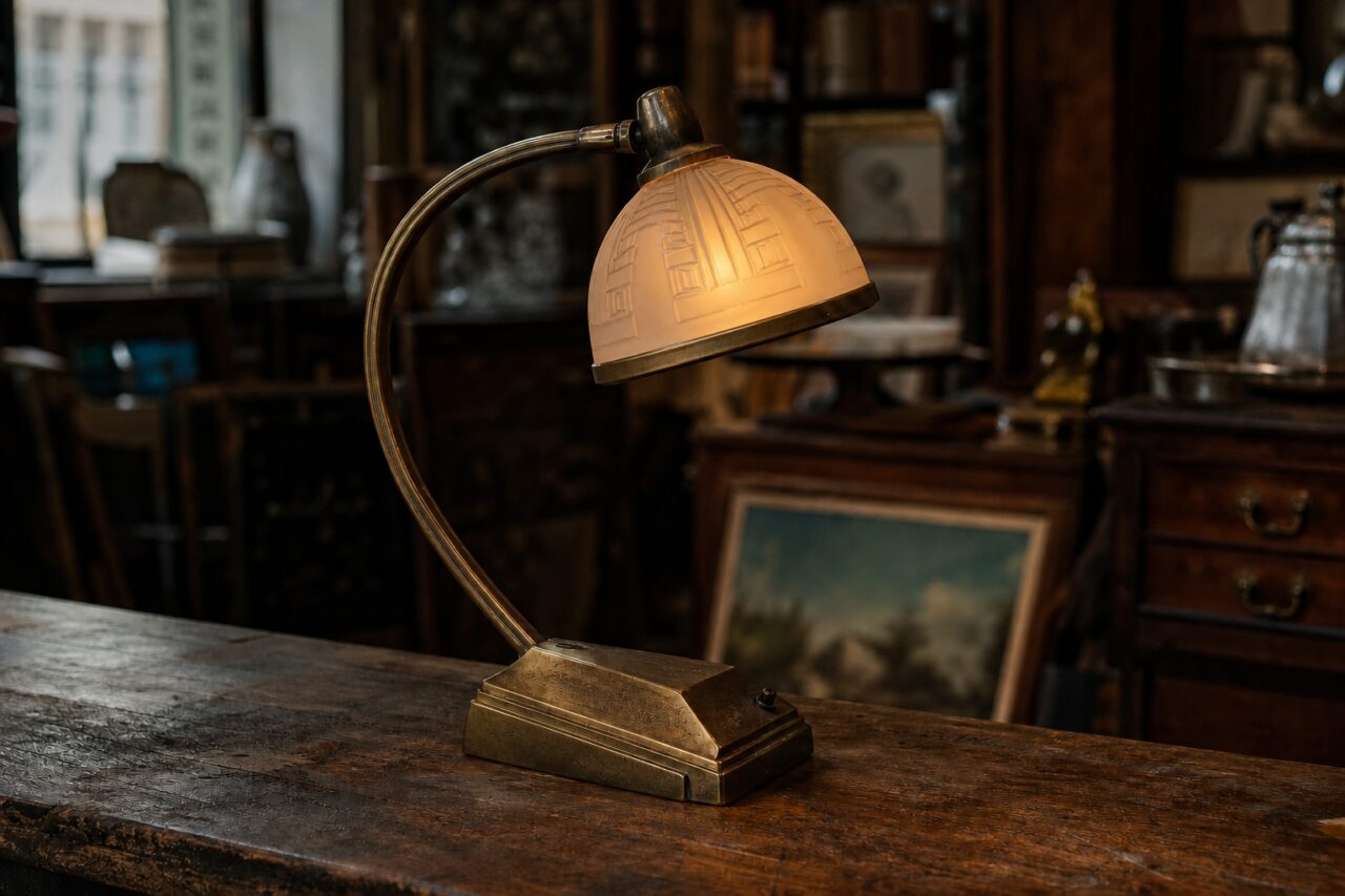 Brandende art-decolamp op een toonbank met matglazen kap in warm amberkleurig licht