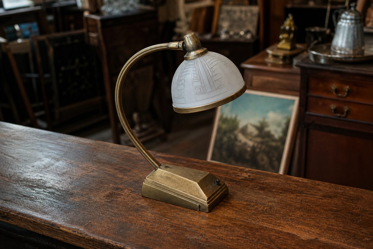 Lampe Art déco vue en légère plongée avec base à degrés sur un comptoir en bois patiné