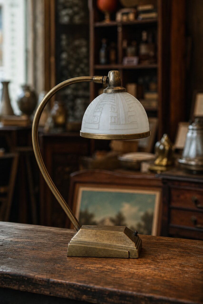 Portrait vertical de face d’une lampe Art déco avec abat-jour en verre dépoli et base patinée