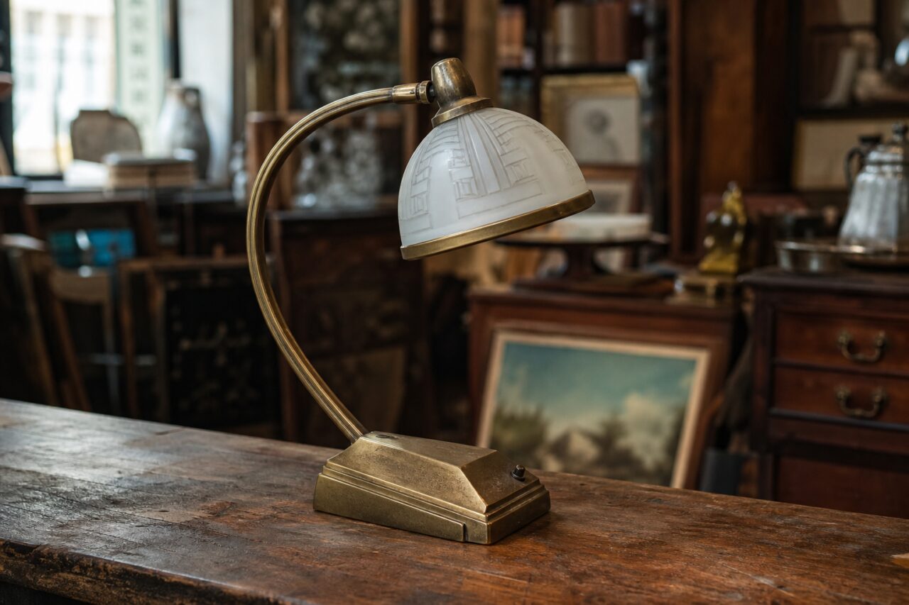 Art Deco style desk lamp in aged gilt metal with a geometric frosted glass shade
