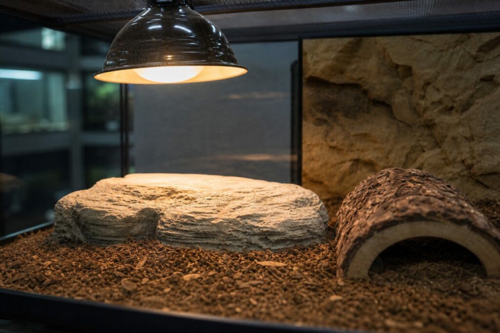 Lampe chauffante éclairant un abri pour reptile