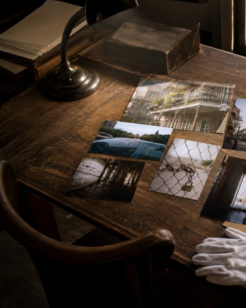Lampe noire et tirages photographiques sur la moitié gauche d’une table