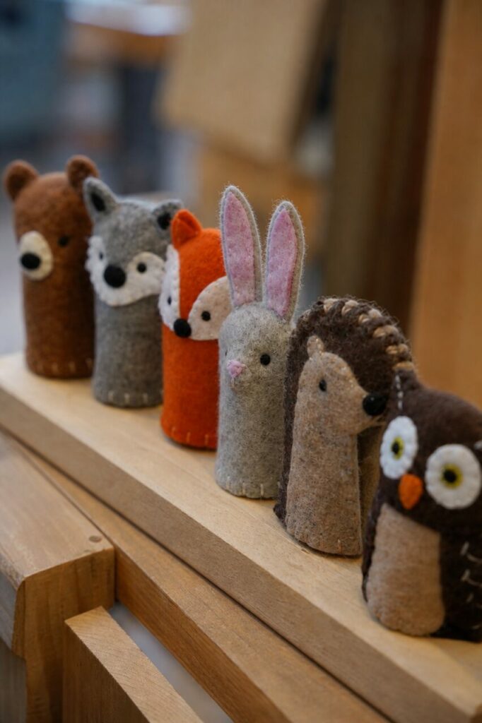 Lapin gris et hérisson beige parmi six figurines animales en textile