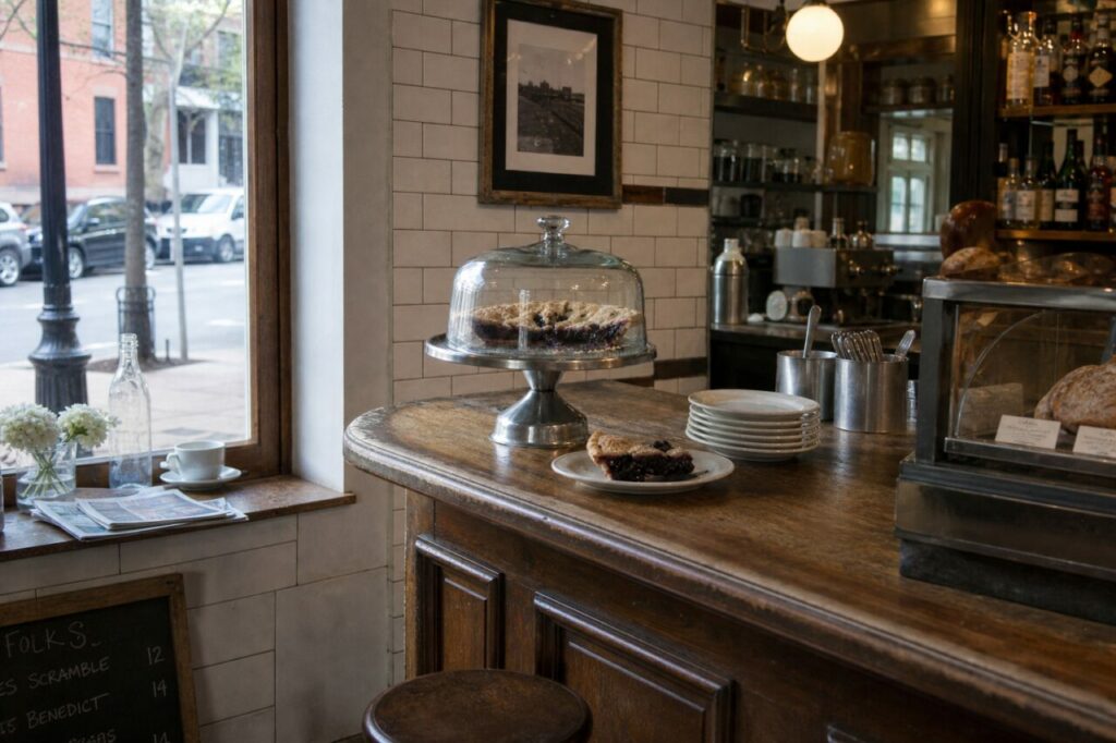 Large comptoir avec tarte couverte, vaisselle et vitrine
