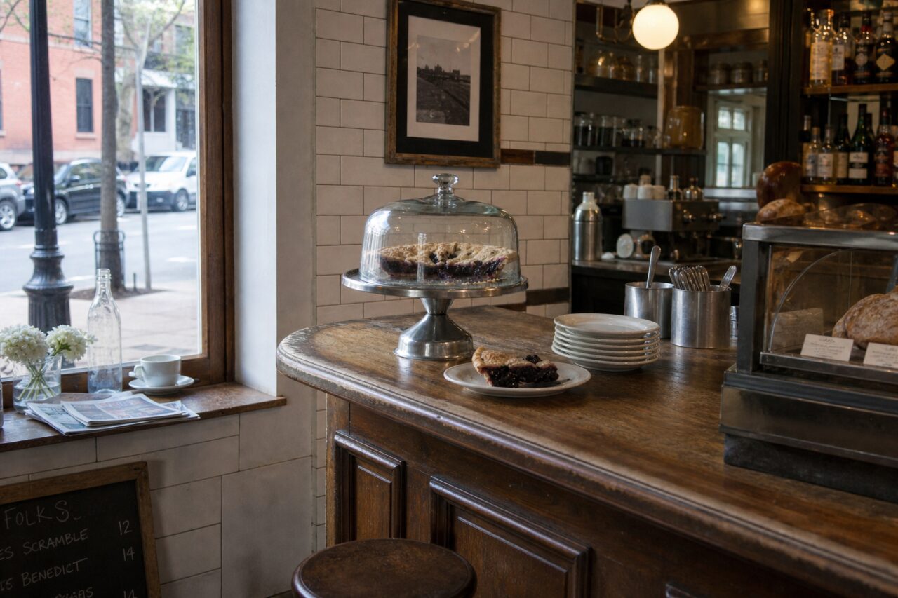 Large comptoir avec tarte couverte, vaisselle et vitrine