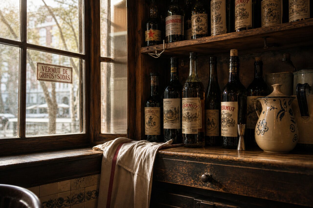 Wide window and two bottle-filled shelves