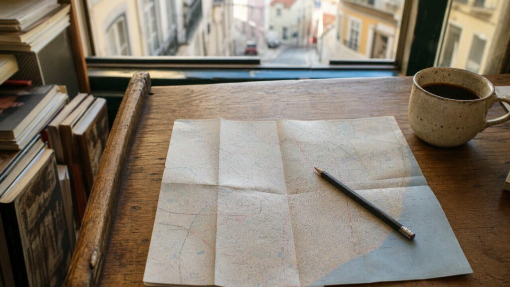 Wide view of an unfolded map between books and a mug
