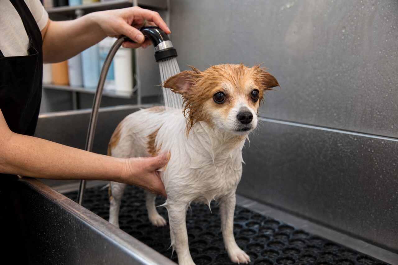 Lavagem de um cão numa banheira de banho e tosa