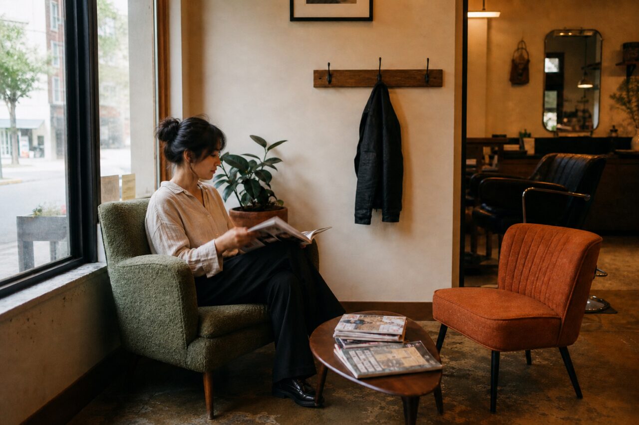 Revue ouverte, fauteuil vert et attente près de la vitrine