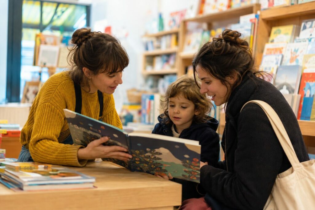 Lecture partagée d’un grand album au comptoir de la librairie jeunesse