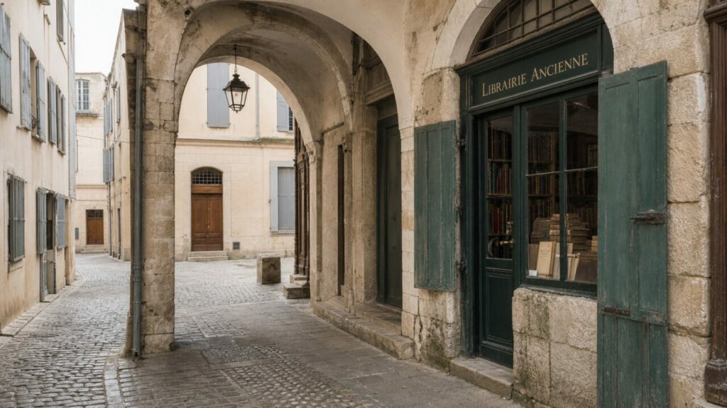 Librairie ancienne d’Arles sous les arcades, rue pavée et façade aux volets verts