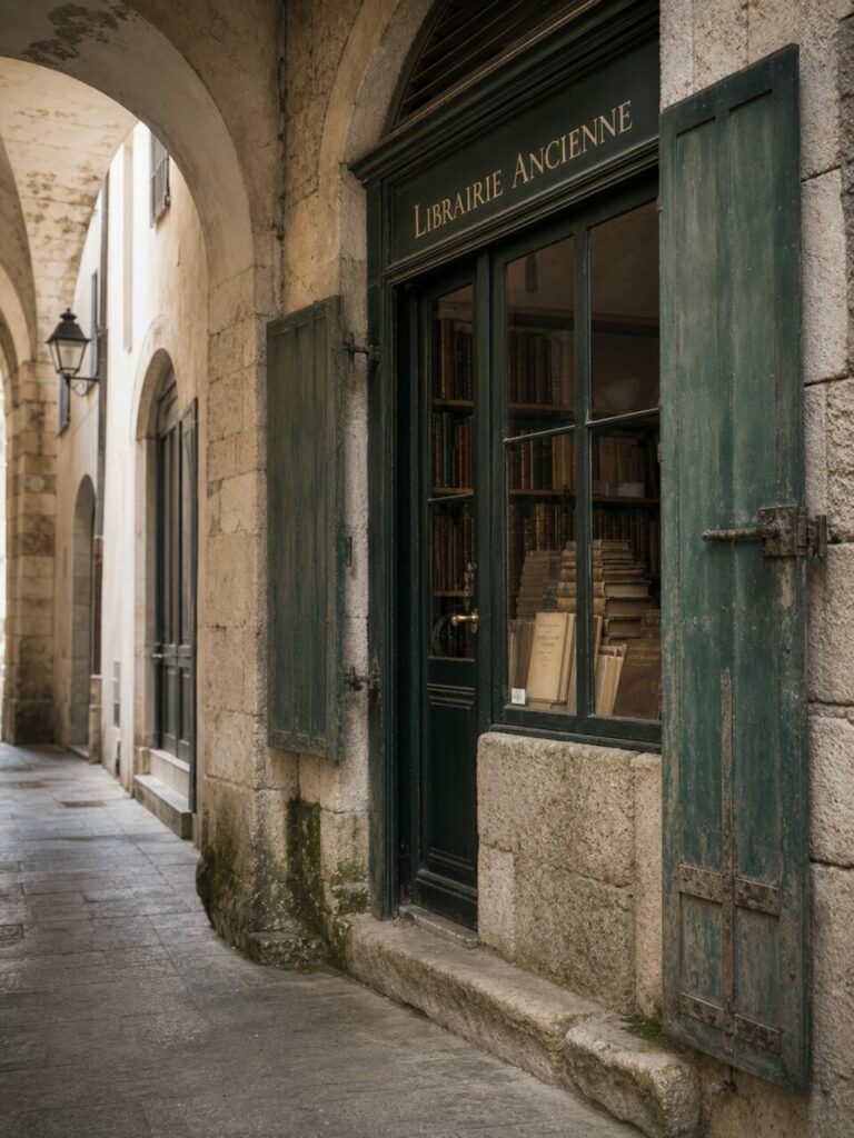 Librairie ancienne à Arles, façade frontale aux volets verts et livres exposés derrière la vitre