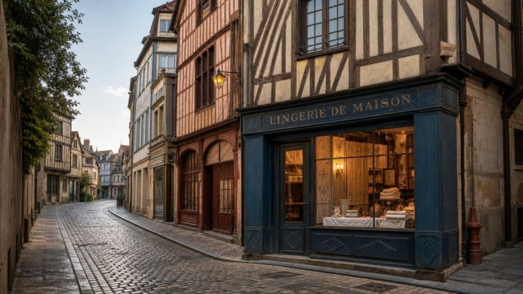Lingerie de maison à Troyes, boutique bleue au bord d’une rue pavée