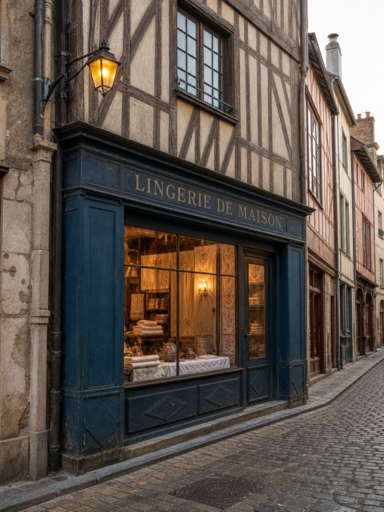 Lingerie de maison à Troyes, façade bleu nuit dans une rue à colombages