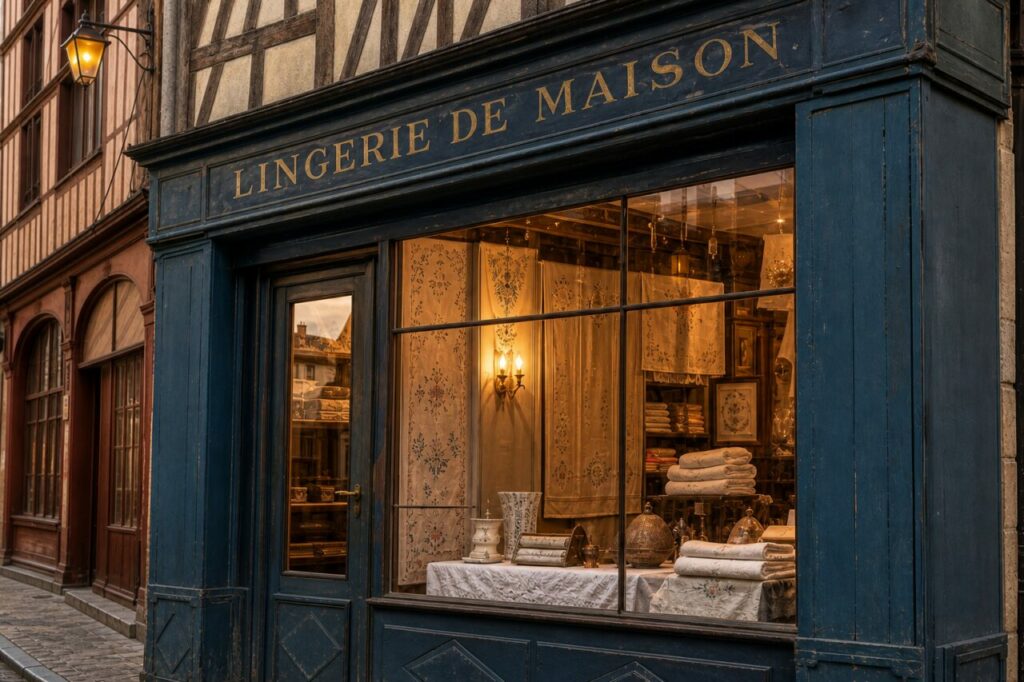 Lingerie de maison à Troyes, vitrine bleue et textiles brodés
